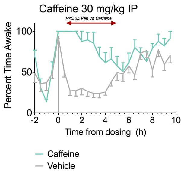 Caffeine increases the percent time awake in rats.